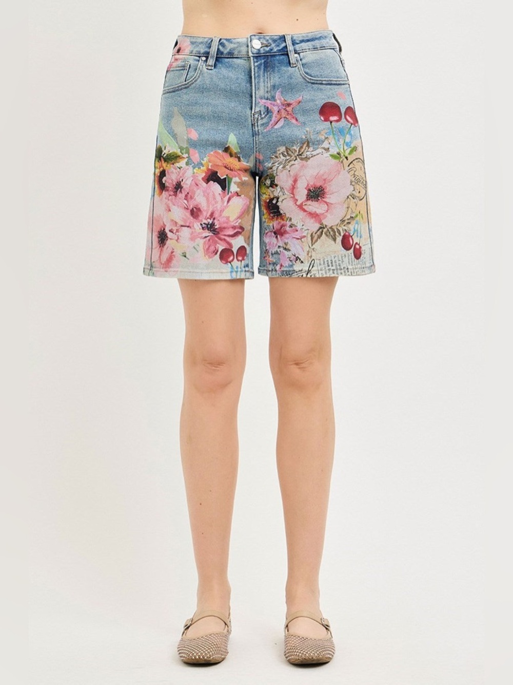 Artsy Floral Collage Print Wide Leg Bermuda Denim Shorts - Risen - Picture 5 of 6